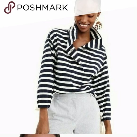 J.Crew Striped Snap Neck Knit Popover Top - Picture 2 of 7